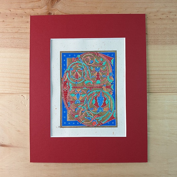 Lettre E enluminée dans un style gothique primitif coloré.