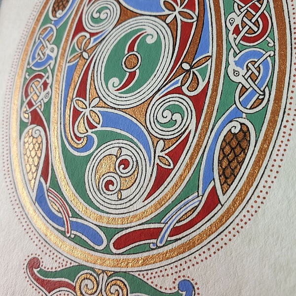 Lettre O enluminée avec entrelacs de style insulaire médiéval.