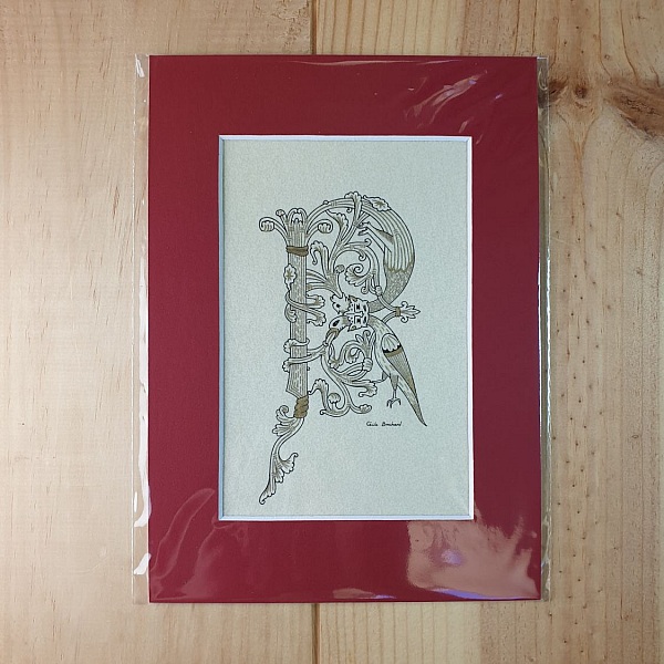 Lettre R enluminée médiévale avec décorations végétales et animalières.