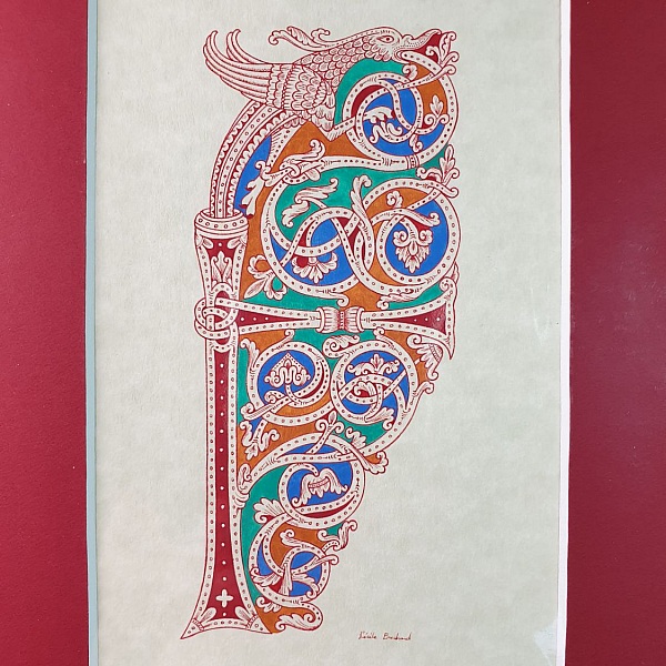 Lettre F enluminée style roman avec motifs médiévaux colorés.