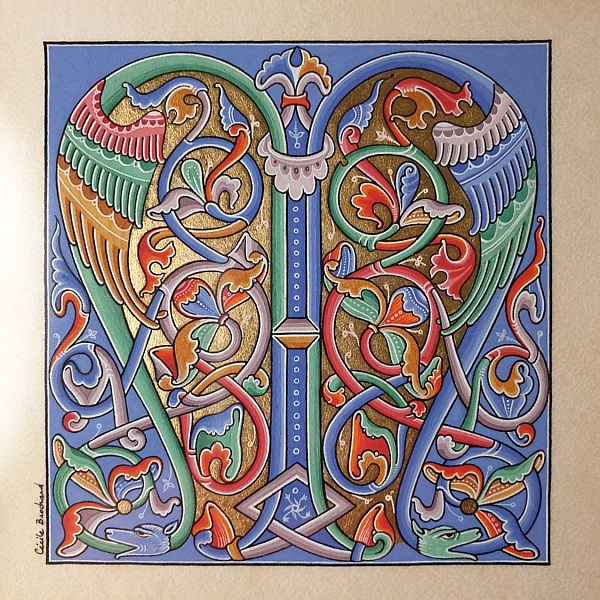 Illuminierter Buchstabe M im romanischen Stil gerahmt