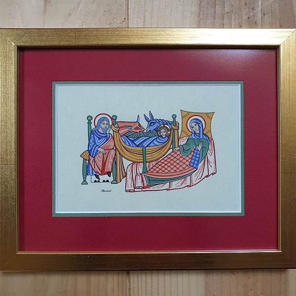 Miniature enluminée encadrée représentant la Nativité du Christ.