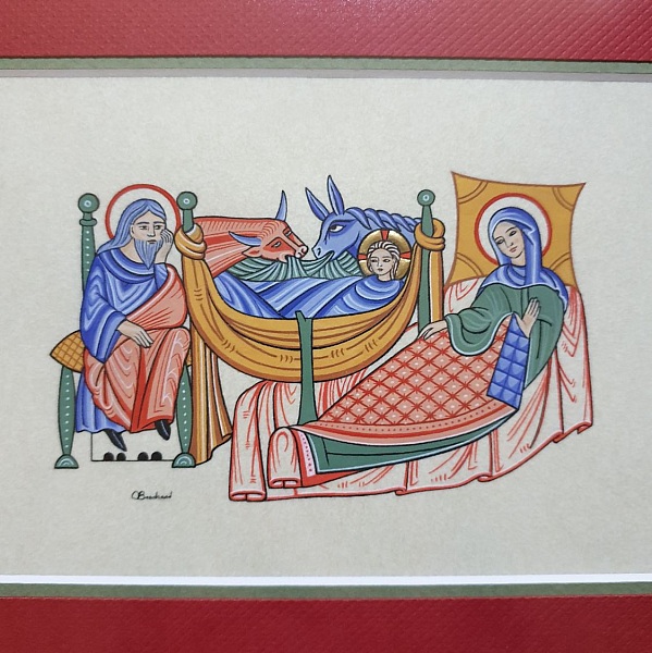 Miniature enluminée représentant la Nativité avec Marie, Joseph et Jésus.