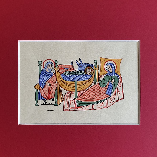 Miniature enluminée représentant la scène de la Nativité.