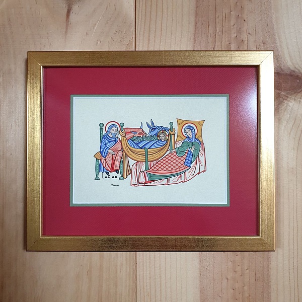 Miniature enluminée encadrée représentant la Nativité du Christ.