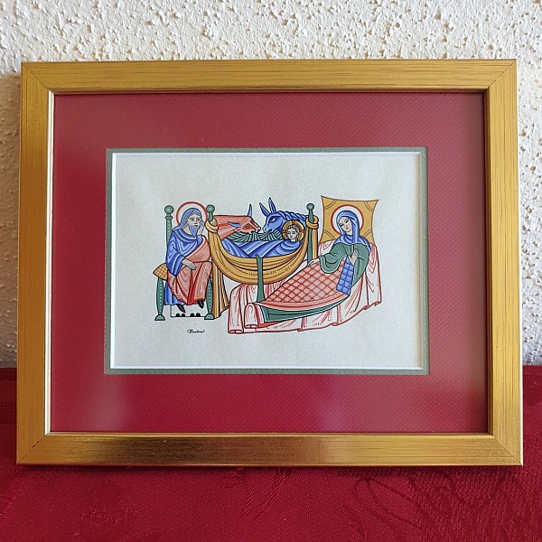 Miniature enluminée représentant la Nativité avec Marie et Joseph.